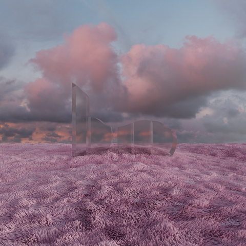 a field of pink grass carpeting a sunset sky with pink clouds. 